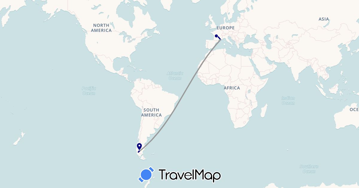 TravelMap itinerary: driving, plane in Argentina, Chile, France (Europe, South America)